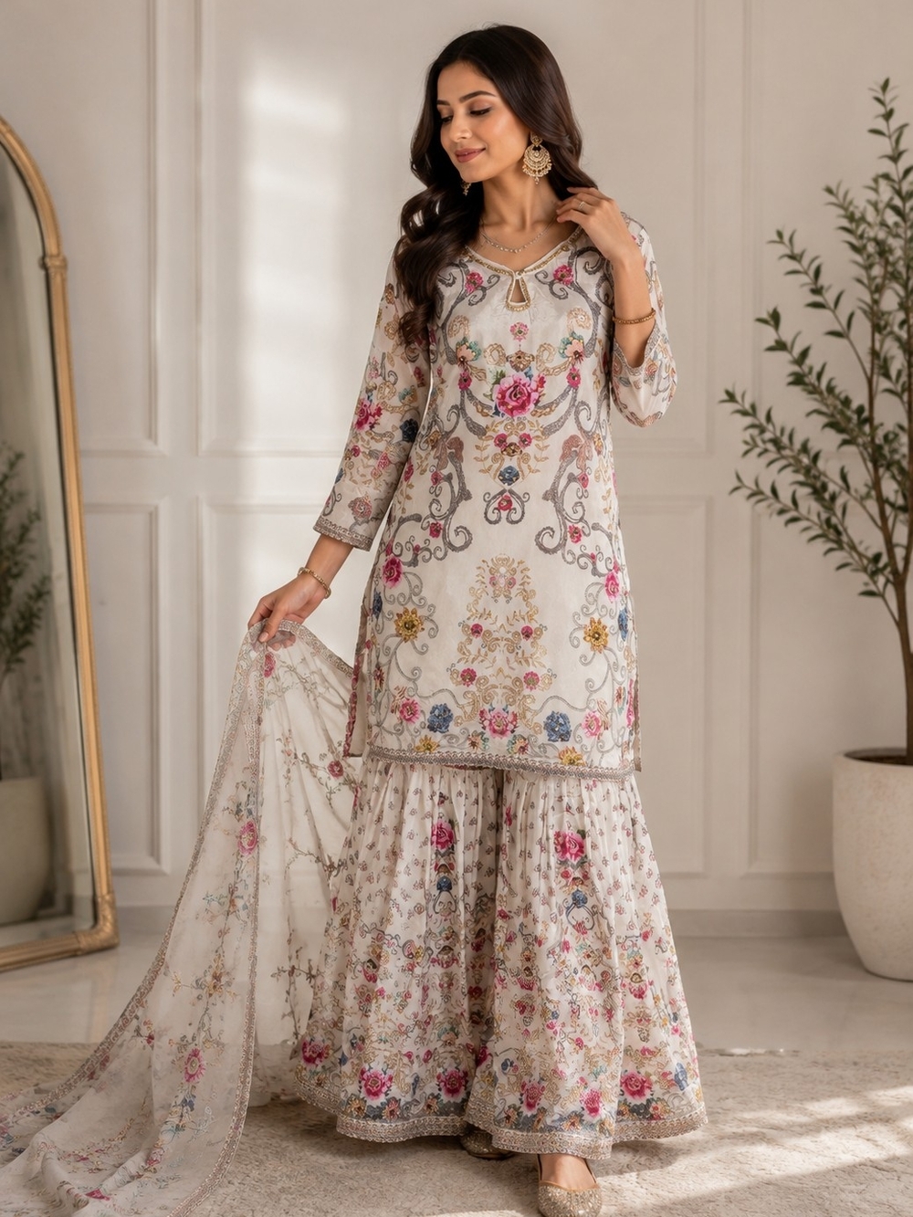 Elegant Floral Embroidered White Women's Dress